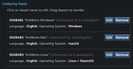 Steam depots for Windows, macOS, and Linux